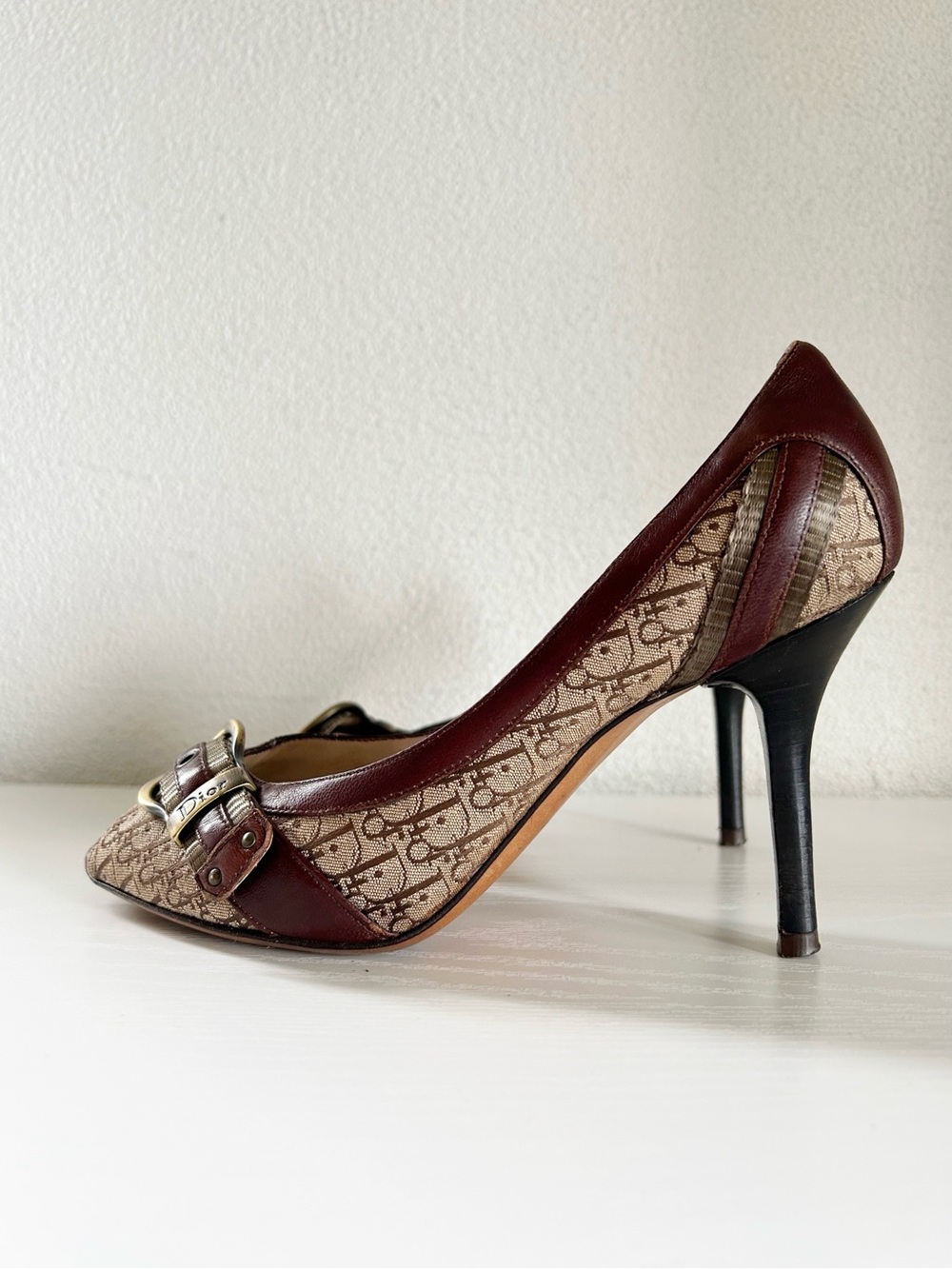 Christian Dior Diorissimo Canvas Heels Brown Beige Leather Monogram Size EU 38